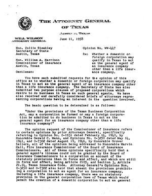 Primary view of object titled 'Texas Attorney General Opinion: WW-447'.