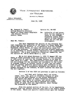 Primary view of object titled 'Texas Attorney General Opinion: WW-468'.