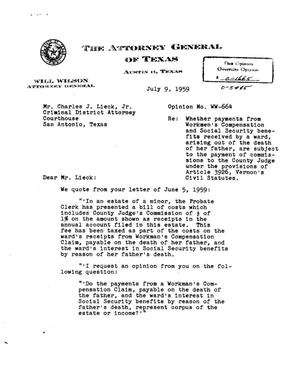 Primary view of object titled 'Texas Attorney General Opinion: WW-664'.