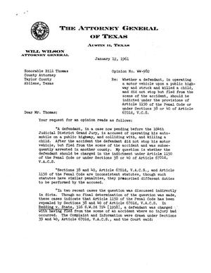 Primary view of object titled 'Texas Attorney General Opinion: WW-982'.