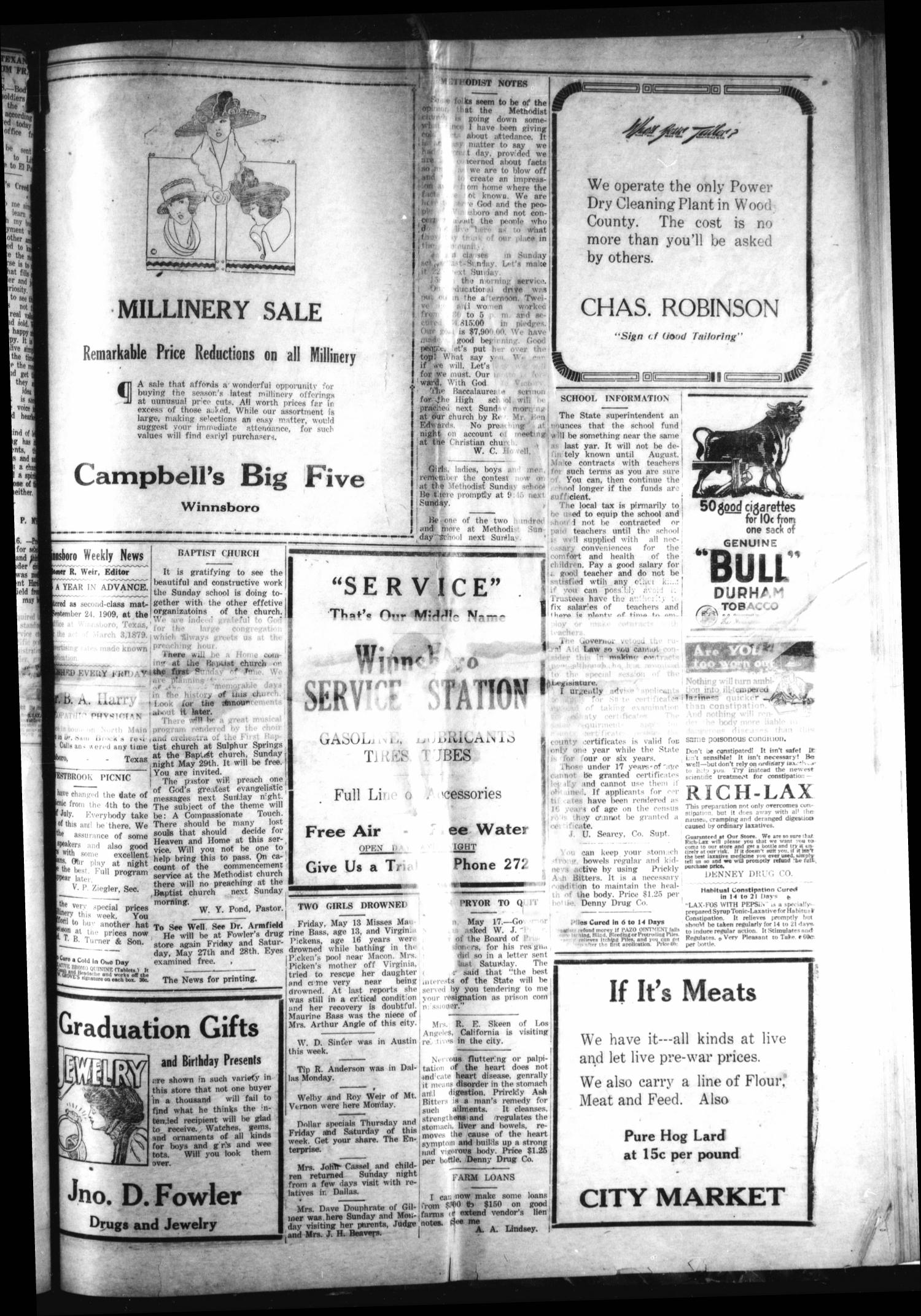 Winnsboro Weekly News (Winnsboro, Tex.), Vol. 12, No. 38, Ed. 1 Friday, May 20, 1921
                                                
                                                    [Sequence #]: 3 of 8
                                                