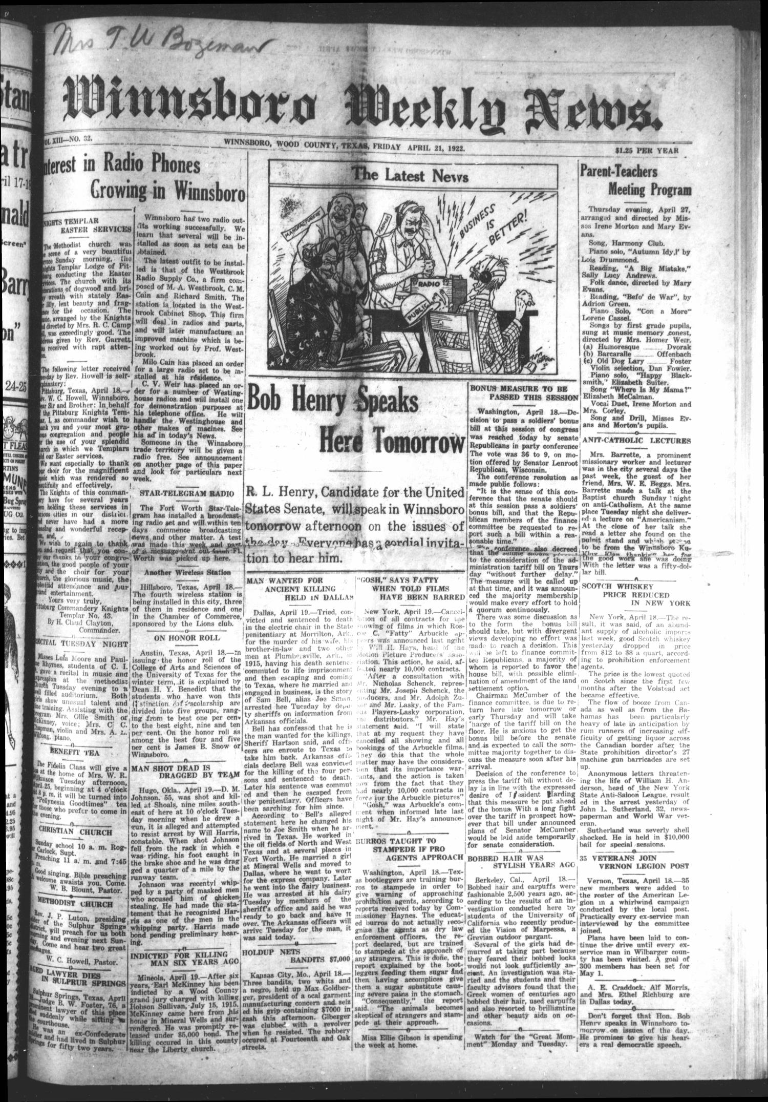 Winnsboro Weekly News (Winnsboro, Tex.), Vol. 13, No. 32, Ed. 1 Friday, April 21, 1922
                                                
                                                    [Sequence #]: 1 of 8
                                                