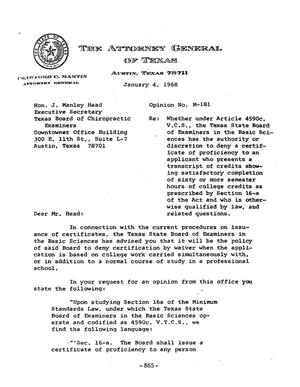 Primary view of object titled 'Texas Attorney General Opinion: M-181'.