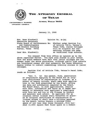 Primary view of object titled 'Texas Attorney General Opinion: M-191'.