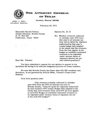 Primary view of object titled 'Texas Attorney General Opinion: H-12'.