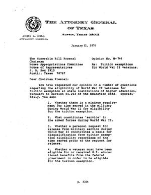 Primary view of object titled 'Texas Attorney General Opinion: H-761'.