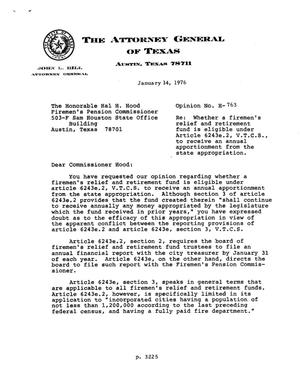 Primary view of object titled 'Texas Attorney General Opinion: H-763'.
