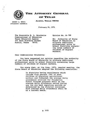 Primary view of object titled 'Texas Attorney General Opinion: H-788'.