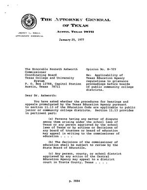 Primary view of object titled 'Texas Attorney General Opinion: H-929'.