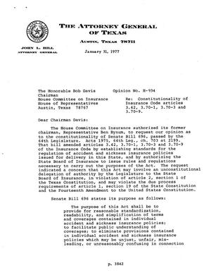 Primary view of object titled 'Texas Attorney General Opinion: H-934'.