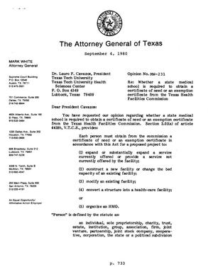 Primary view of object titled 'Texas Attorney General Opinion: MW-231'.