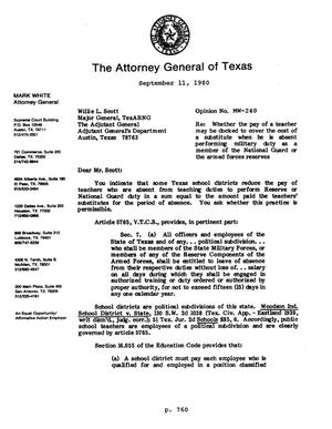 Primary view of object titled 'Texas Attorney General Opinion: MW-240'.