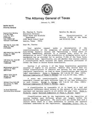 Primary view of object titled 'Texas Attorney General Opinion: MW-421'.