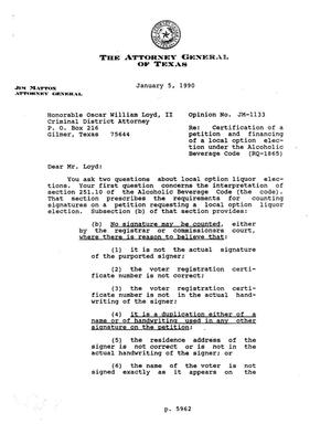 Primary view of object titled 'Texas Attorney General Opinion: JM-1133'.