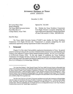 Primary view of object titled 'Texas Attorney General Opinion: GA-0281'.