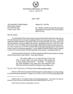 Primary view of object titled 'Texas Attorney General Opinion: GA-0704'.