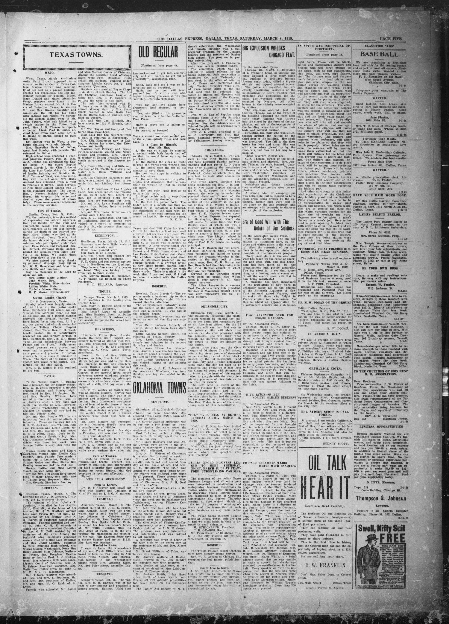 The Dallas Express (Dallas, Tex.), Vol. 26, No. 21, Ed. 1 Saturday, March 8, 1919
                                                
                                                    [Sequence #]: 5 of 12
                                                