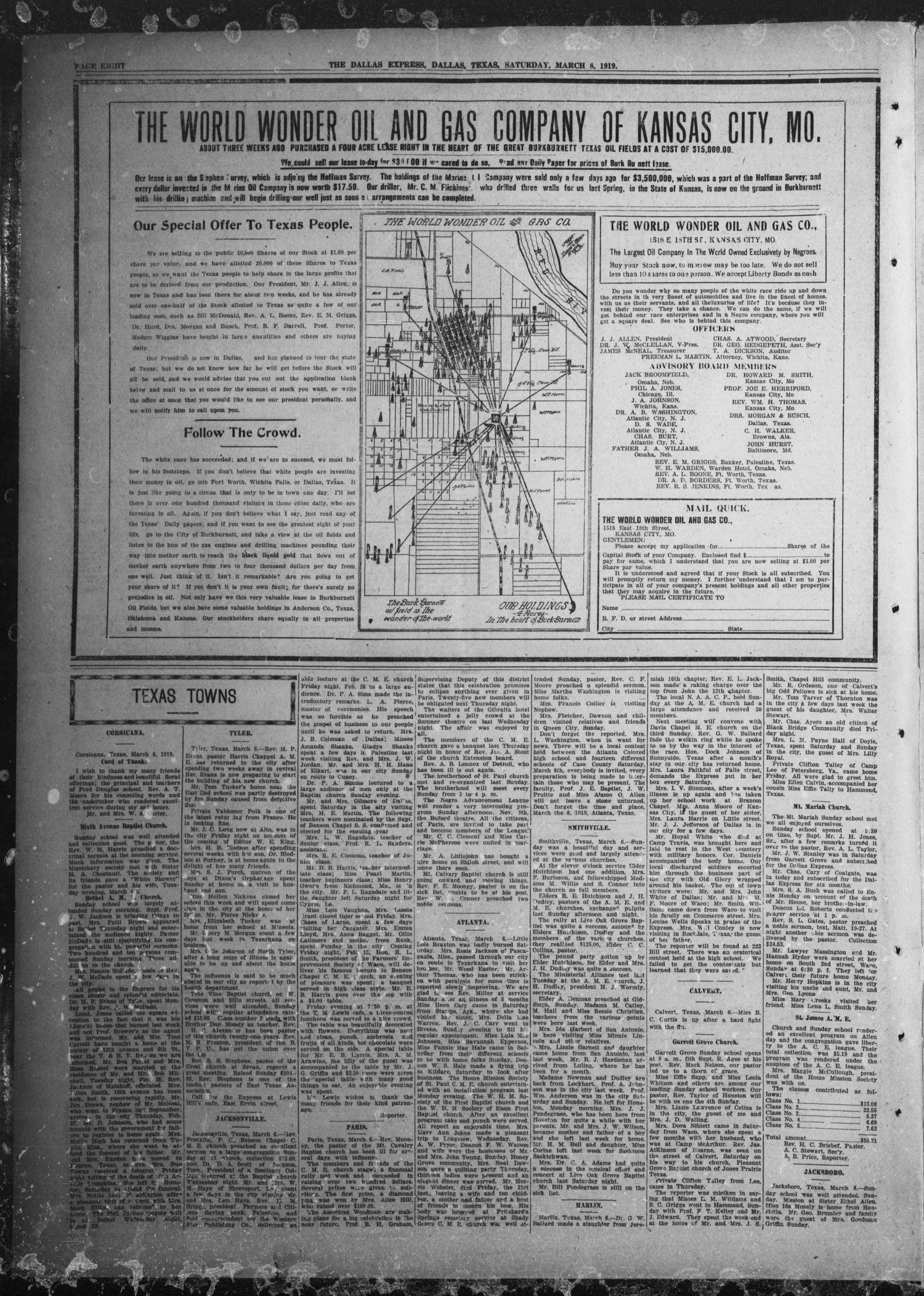 The Dallas Express (Dallas, Tex.), Vol. 26, No. 21, Ed. 1 Saturday, March 8, 1919
                                                
                                                    [Sequence #]: 8 of 12
                                                
