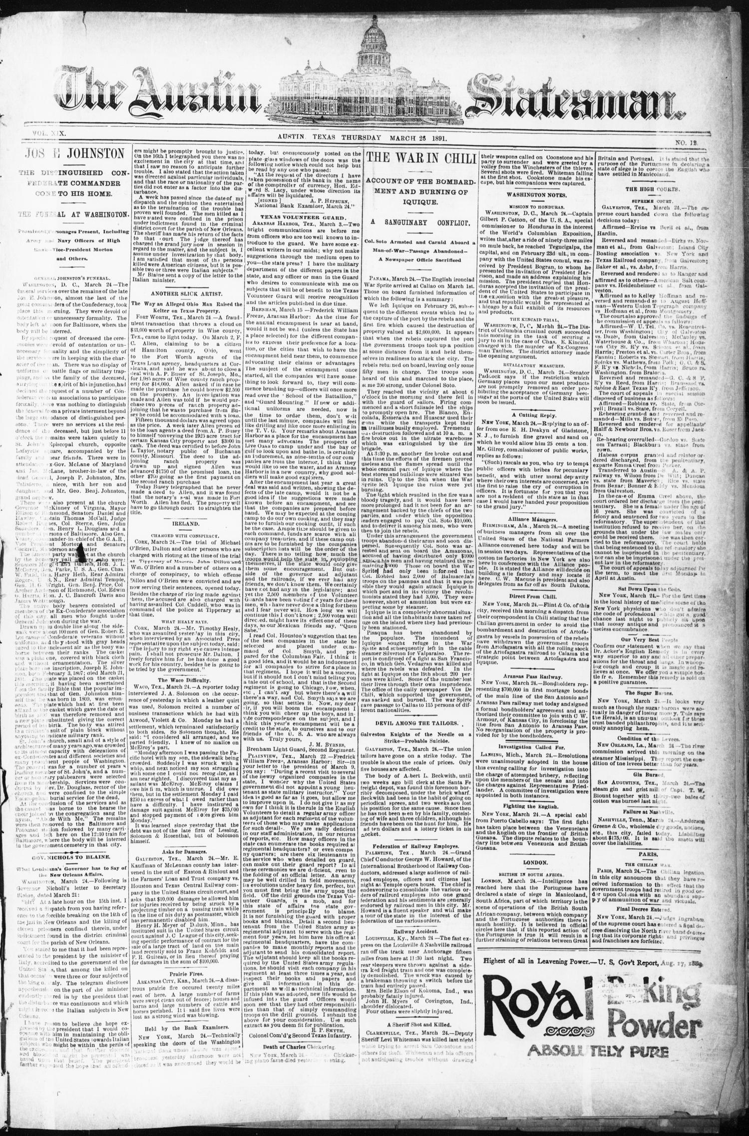 The Austin Statesman. (Austin, Tex.), Vol. 19, No. 12, Ed. 1 Thursday, March 26, 1891
                                                
                                                    [Sequence #]: 1 of 8
                                                