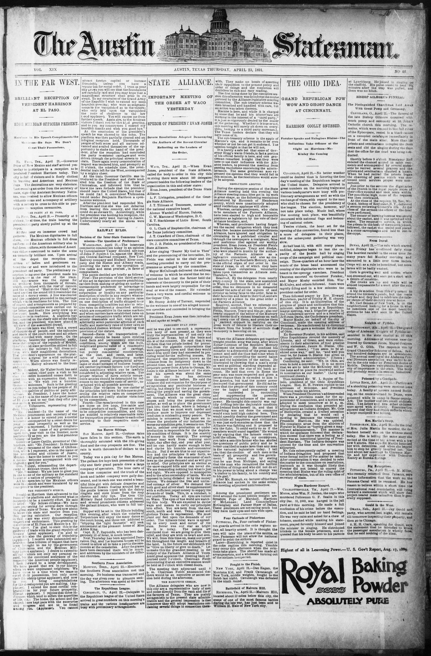 The Austin Statesman. (Austin, Tex.), Vol. 19, No. 46, Ed. 1 Thursday, April 23, 1891
                                                
                                                    [Sequence #]: 1 of 8
                                                