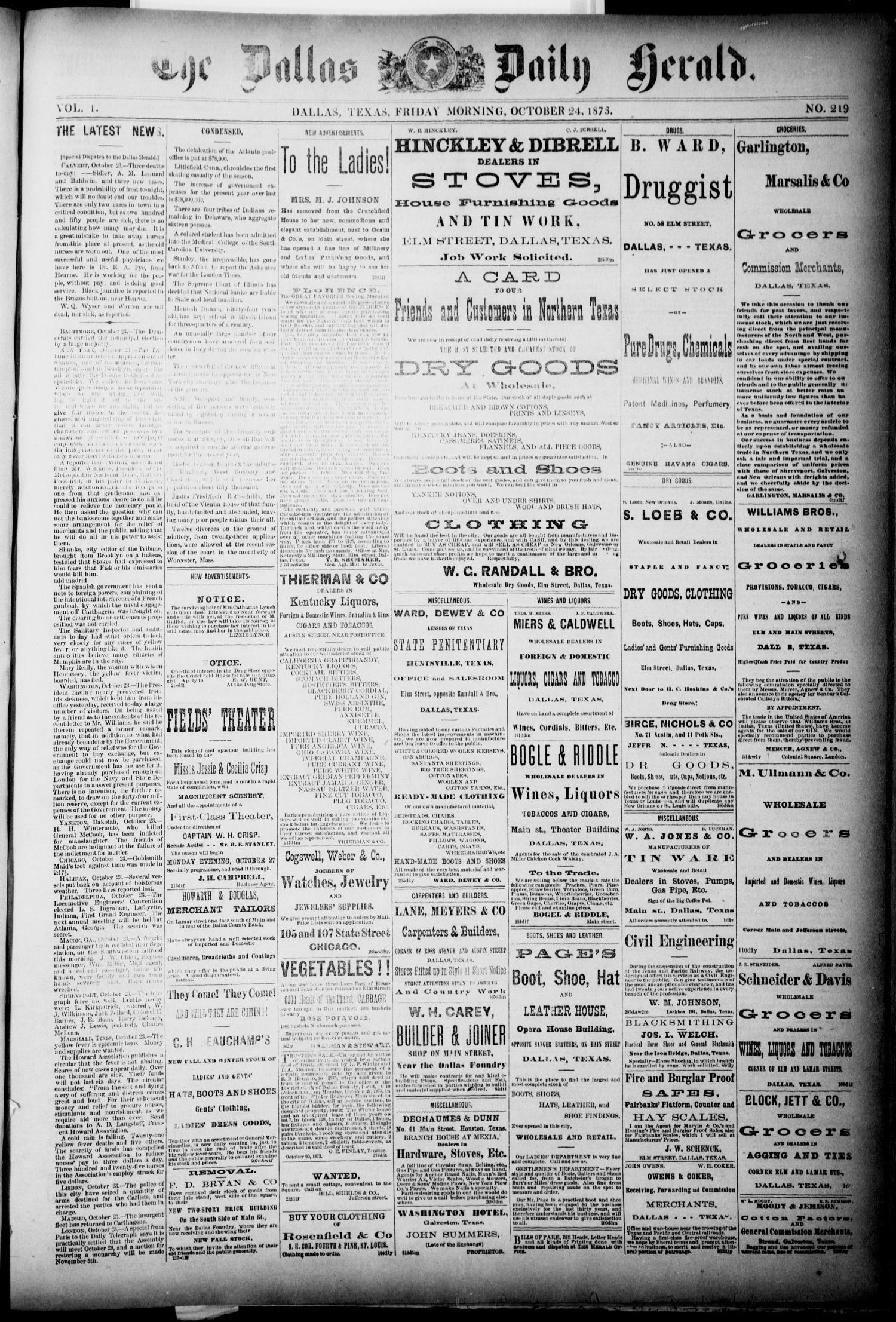 The Dallas Daily Herald. (Dallas, Tex.), Vol. 1, No. 219, Ed. 1 Friday, October 24, 1873
                                                
                                                    [Sequence #]: 1 of 4
                                                