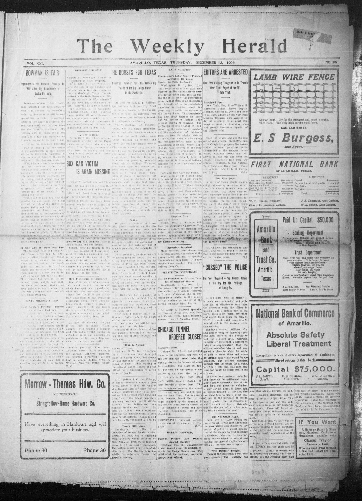 The Weekly Herald. (Amarillo, Tex.), Vol. 21, No. 96, Ed. 1 Thursday, December 13, 1906
                                                
                                                    [Sequence #]: 1 of 8
                                                