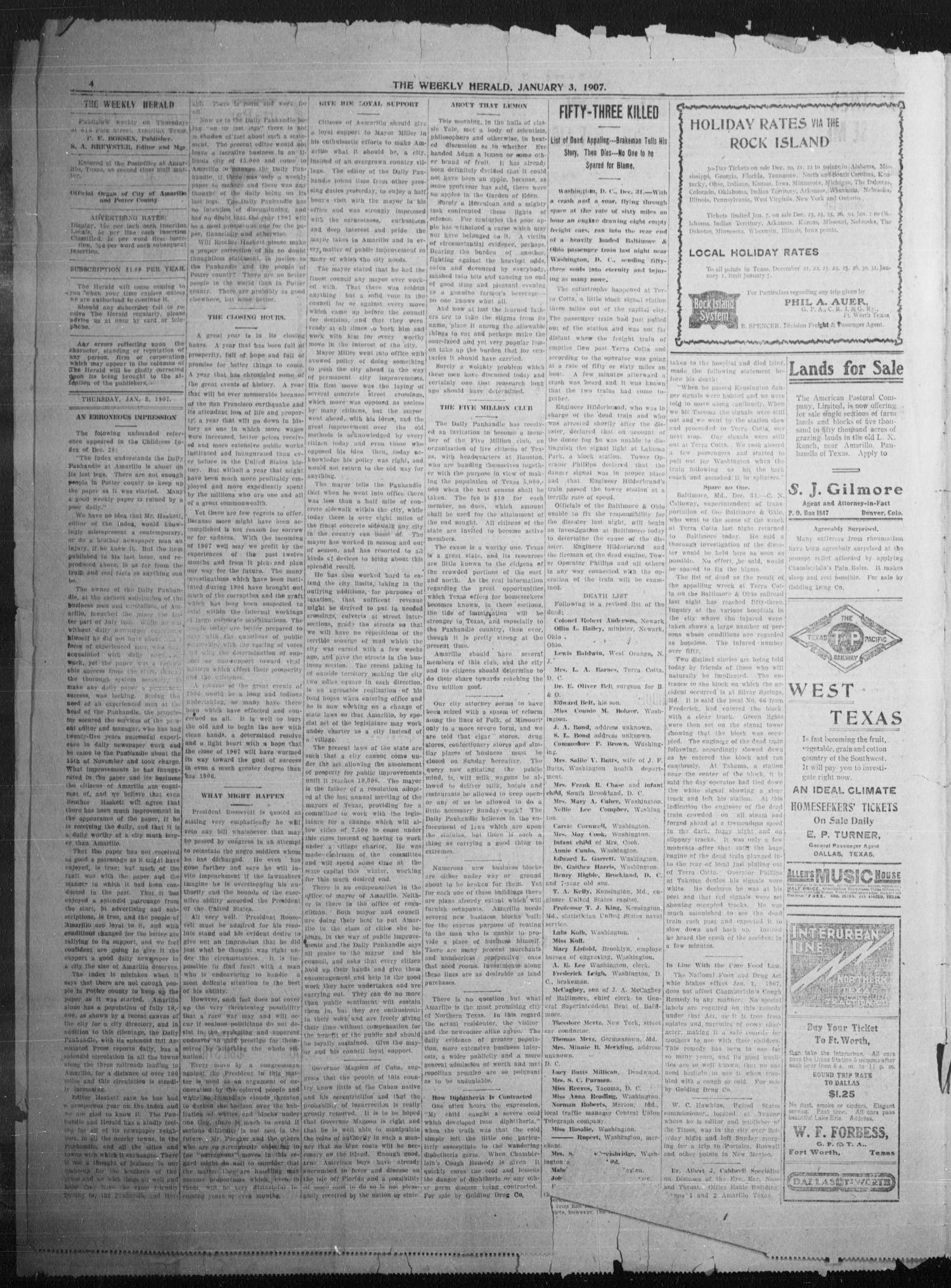 The Weekly Herald. (Amarillo, Tex.), Vol. 22, No. 1, Ed. 1 Thursday, January 3, 1907
                                                
                                                    [Sequence #]: 4 of 8
                                                