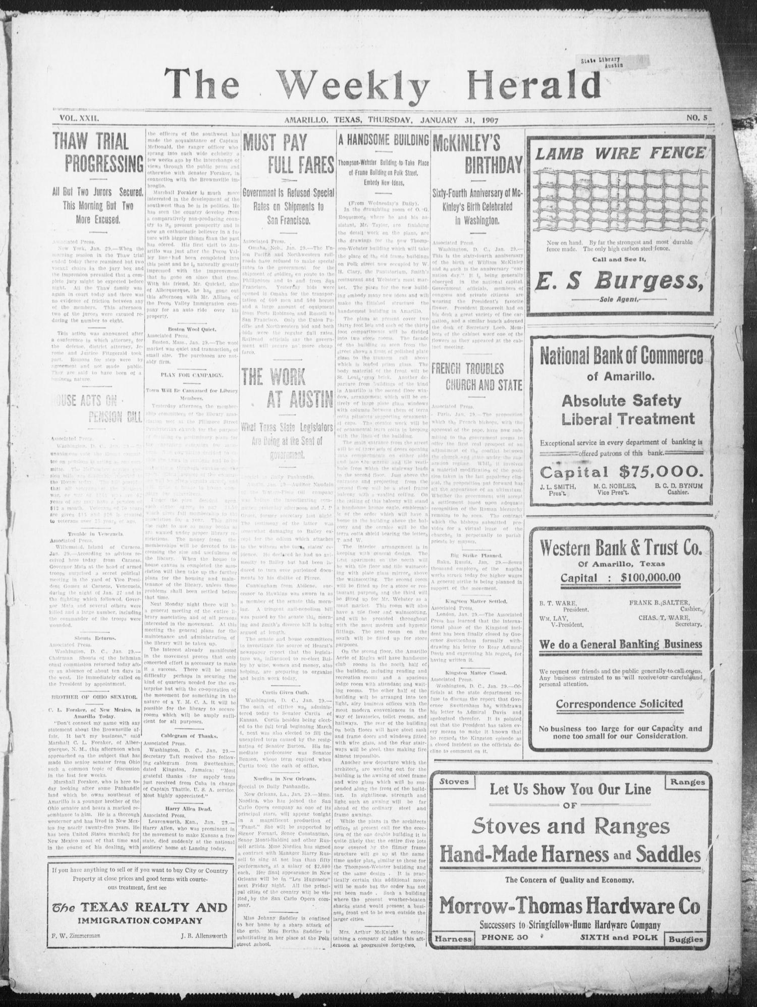 The Weekly Herald. (Amarillo, Tex.), Vol. 22, No. 5, Ed. 1 Thursday, January 31, 1907
                                                
                                                    [Sequence #]: 1 of 8
                                                