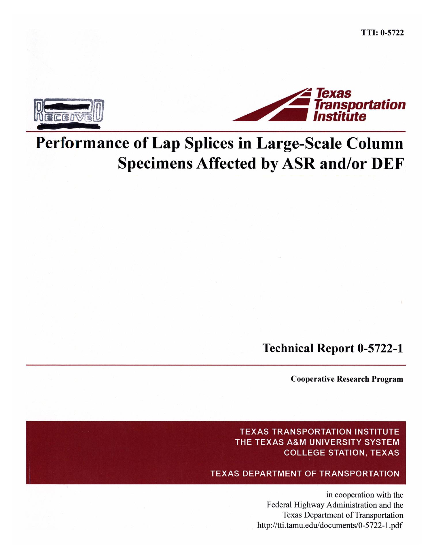 Performance of lap splices in large-scale column specimens affectedby ASR and/or DEF
                                                
                                                    Front Cover
                                                