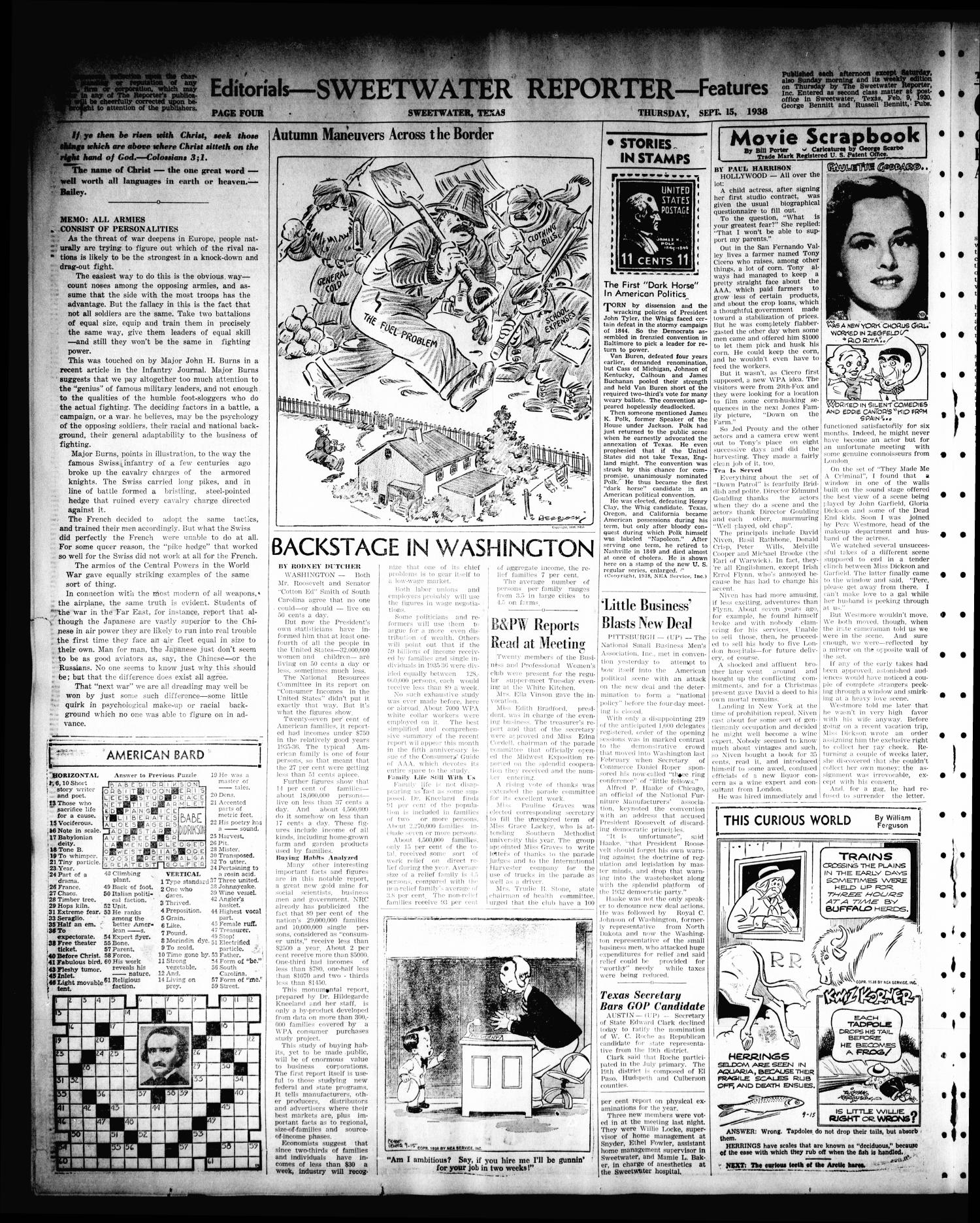 Sweetwater Reporter (Sweetwater, Tex.), Vol. 41, No. 135, Ed. 1 Thursday, September 15, 1938
                                                
                                                    [Sequence #]: 4 of 8
                                                