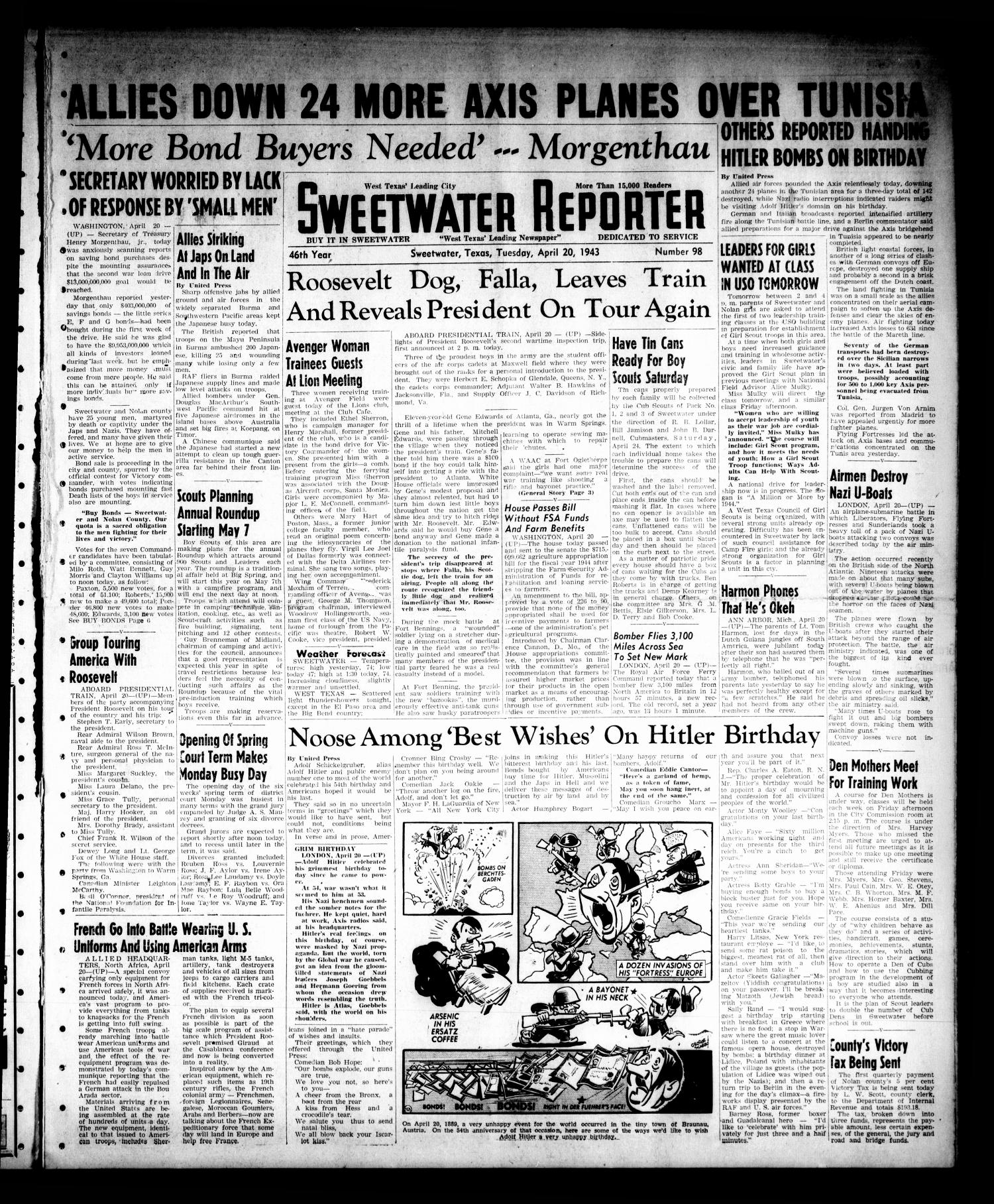 Sweetwater Reporter (Sweetwater, Tex.), Vol. 46, No. 98, Ed. 1 Tuesday, April 20, 1943
                                                
                                                    [Sequence #]: 1 of 6
                                                