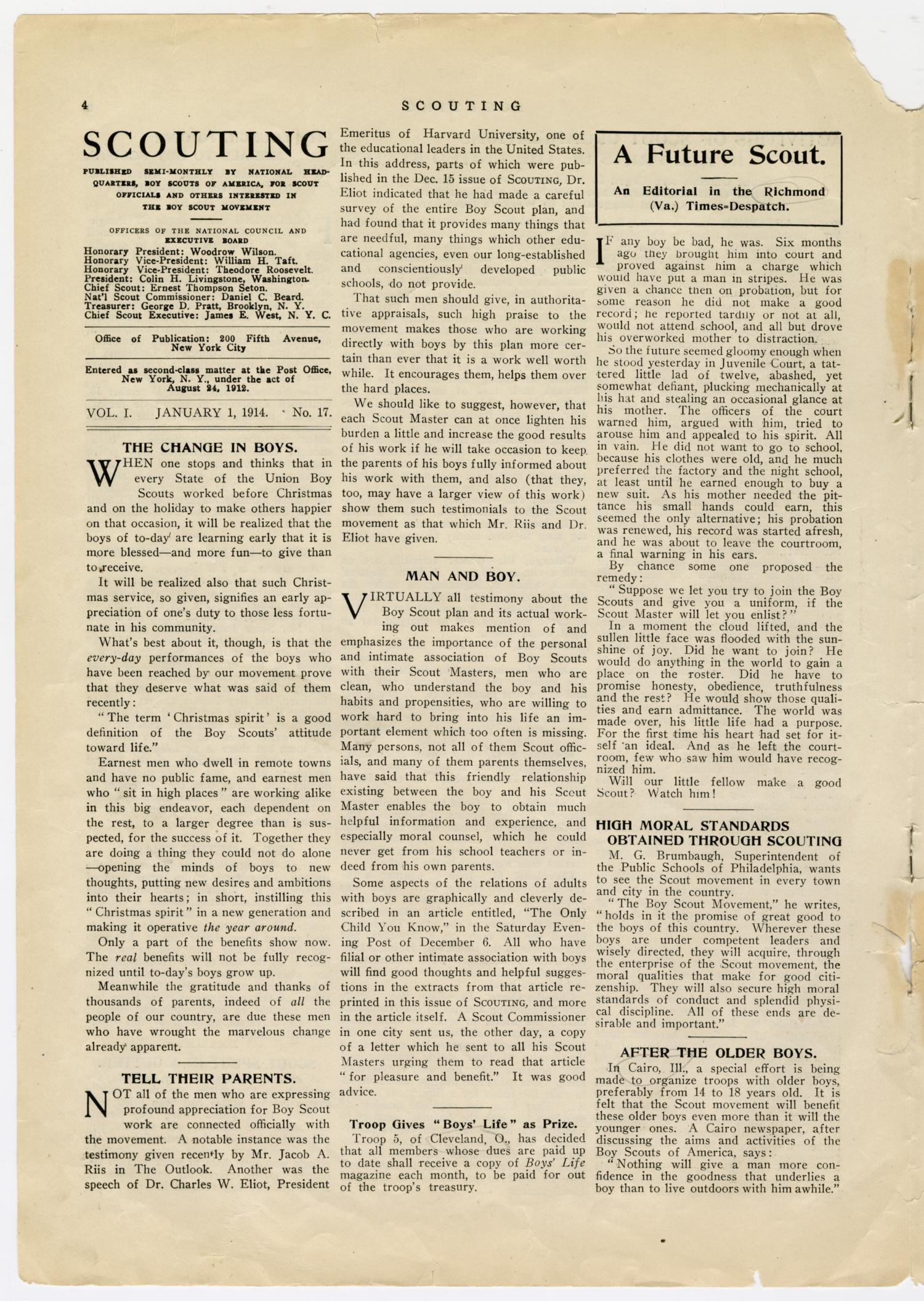 Scouting, Volume 1, Number 17, January 1, 1914
                                                
                                                    4
                                                