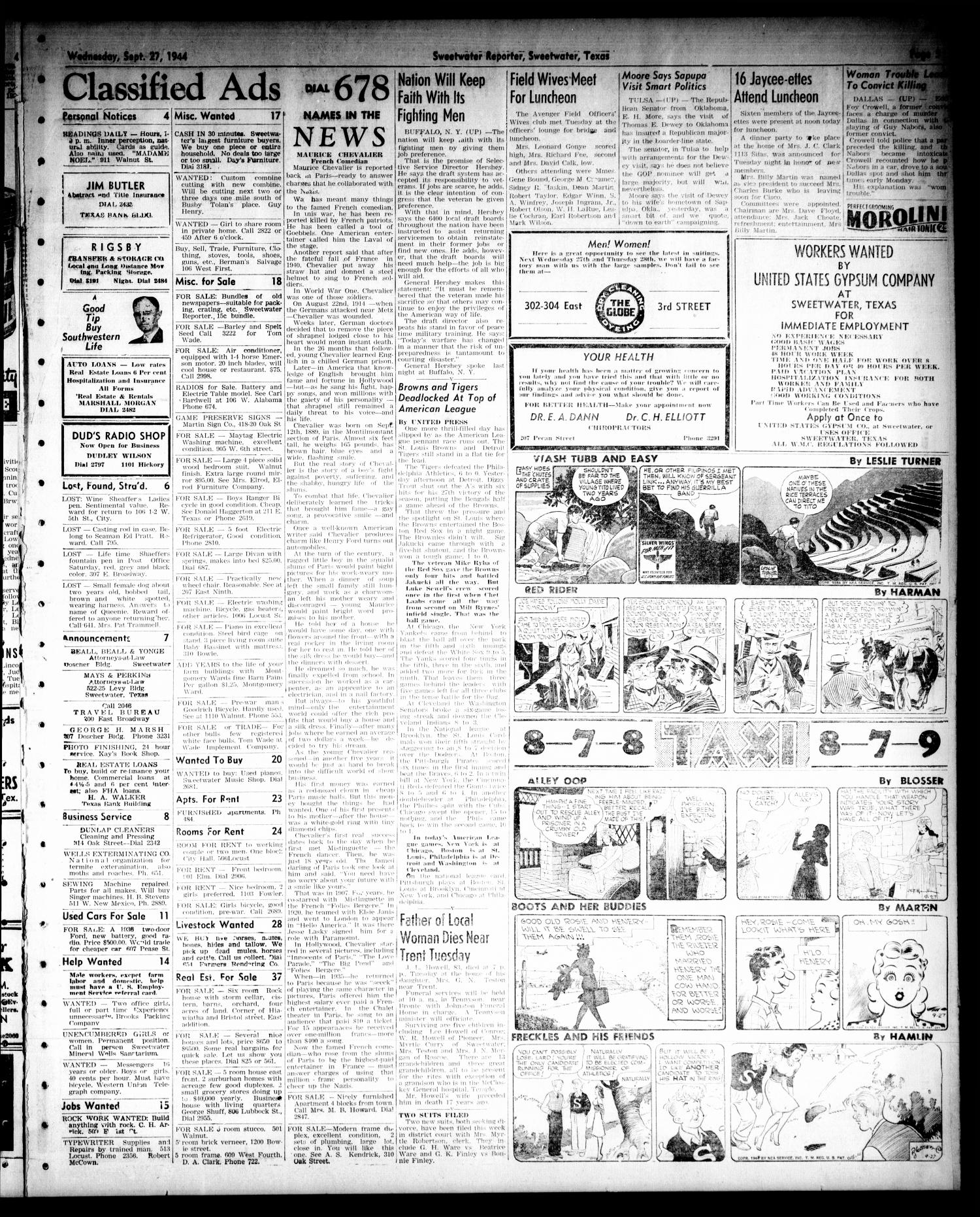 Sweetwater Reporter (Sweetwater, Tex.), Vol. 47, No. 222, Ed. 1 Wednesday, September 27, 1944
                                                
                                                    [Sequence #]: 5 of 6
                                                