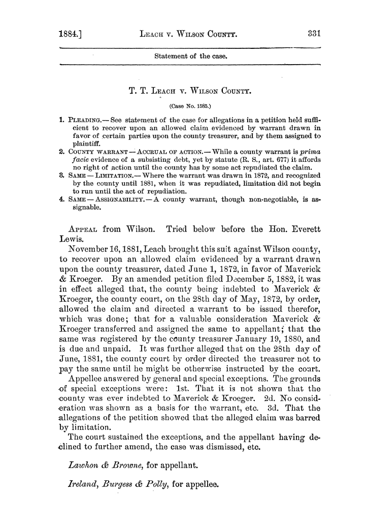 Cases argued and decided in the Supreme Court of the State of Texas, during the latter part of the Austin term, 1884, and the Tyler term, 1884.  Volume 62.
                                                
                                                    331
                                                