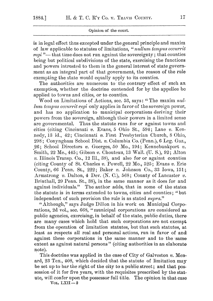 Cases argued and decided in the Supreme Court of the State of Texas, during the latter part of the Austin term, 1884, and the Tyler term, 1884.  Volume 62.
                                                
                                                    17
                                                