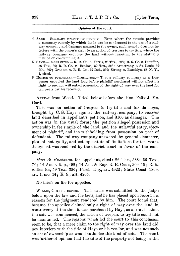 Cases argued and decided in the Supreme Court of the State of Texas, during the latter part of the Austin term, 1884, and the Tyler term, 1884.  Volume 62.
                                                
                                                    398
                                                