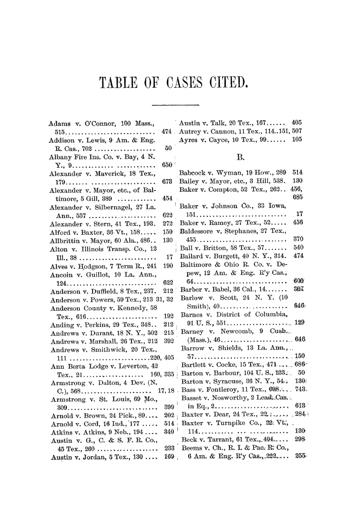 Cases argued and decided in the Supreme Court of the State of Texas, during the latter part of the Austin term, 1884, and the Tyler term, 1884.  Volume 62.
                                                
                                                    IX
                                                
