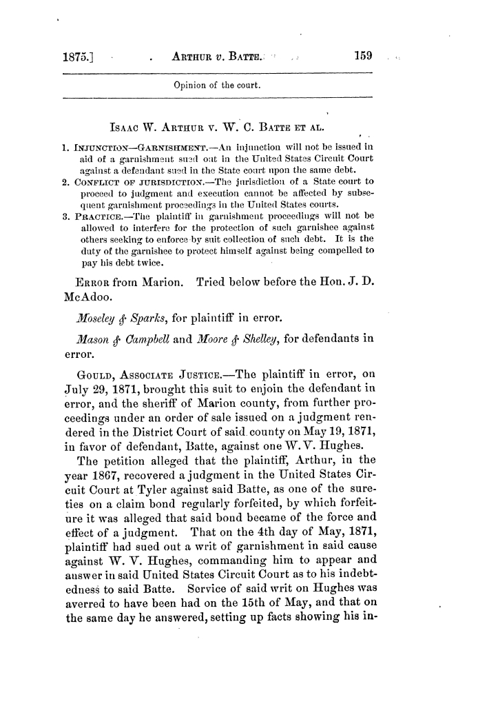 Cases argued and decided in the Supreme Court of Texas, during the latter part of the Tyler term, 1874, and the first part of the Galveston term, 1875.  Volume 42.
                                                
                                                    159
                                                