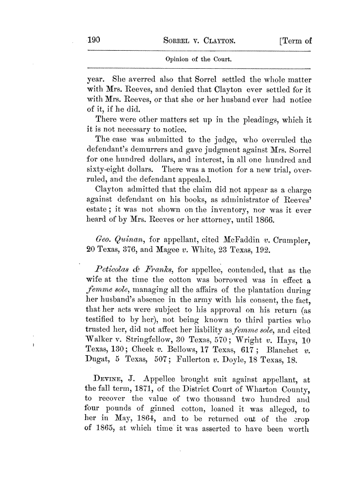 Cases argued and decided in the Supreme Court of Texas, during the latter part of the Tyler term, 1874, and the first part of the Galveston term, 1875.  Volume 42.
                                                
                                                    190
                                                