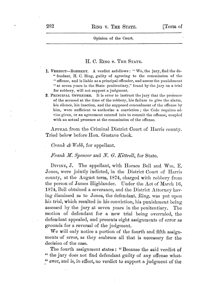 Cases argued and decided in the Supreme Court of Texas, during the latter part of the Tyler term, 1874, and the first part of the Galveston term, 1875.  Volume 42.
                                                
                                                    282
                                                