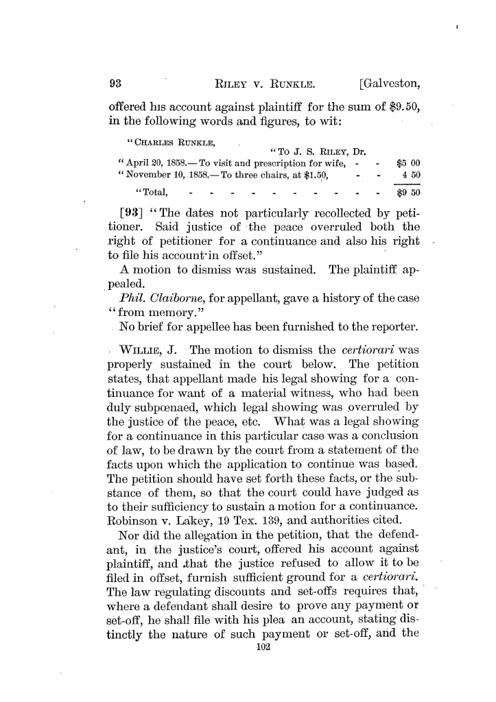 Reports of cases argued and decided in the Supreme Court of the State of Texas, during the Galveston session, 1867, with an appendix containing the cases of the Galveston session, 1861, etc.  Volume 29.
                                                
                                                    102
                                                