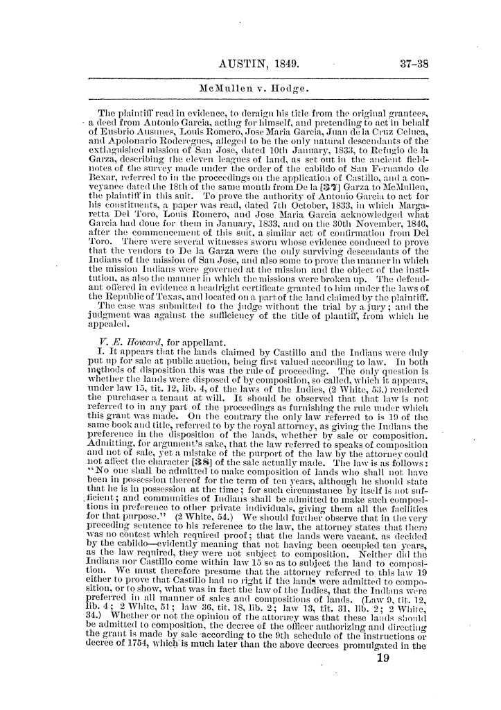 Reports of cases argued and decided in the Supreme Court of the State of Texas during a part of December term, 1849, at Austin and a part of Galveston Term, 1851. Volume 5.
                                                
                                                    19
                                                