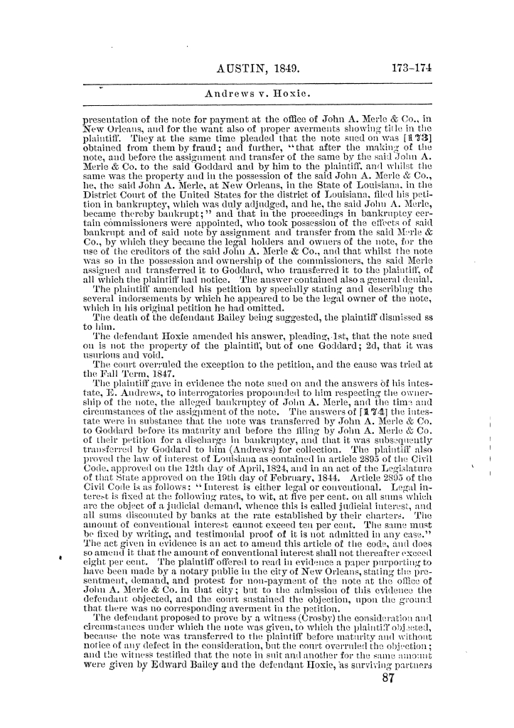 Reports of cases argued and decided in the Supreme Court of the State of Texas during a part of December term, 1849, at Austin and a part of Galveston Term, 1851. Volume 5.
                                                
                                                    87
                                                