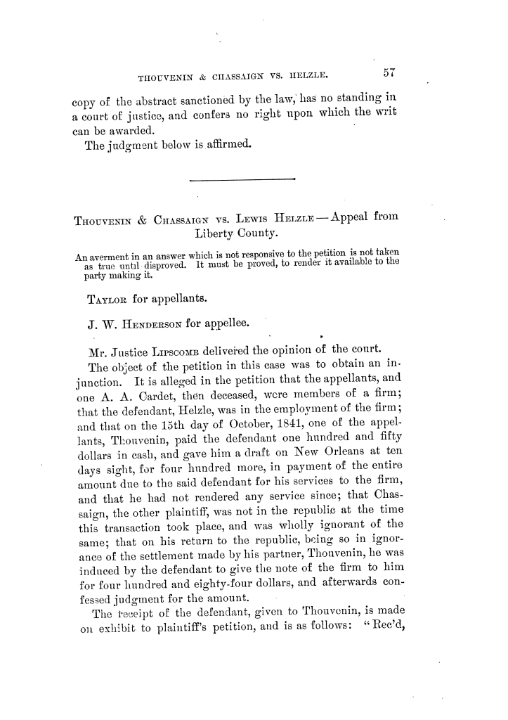 Reports of cases argued and decided in the Supreme Court of the State of Texas during December term, 1848. Volume 3.
                                                
                                                    57
                                                