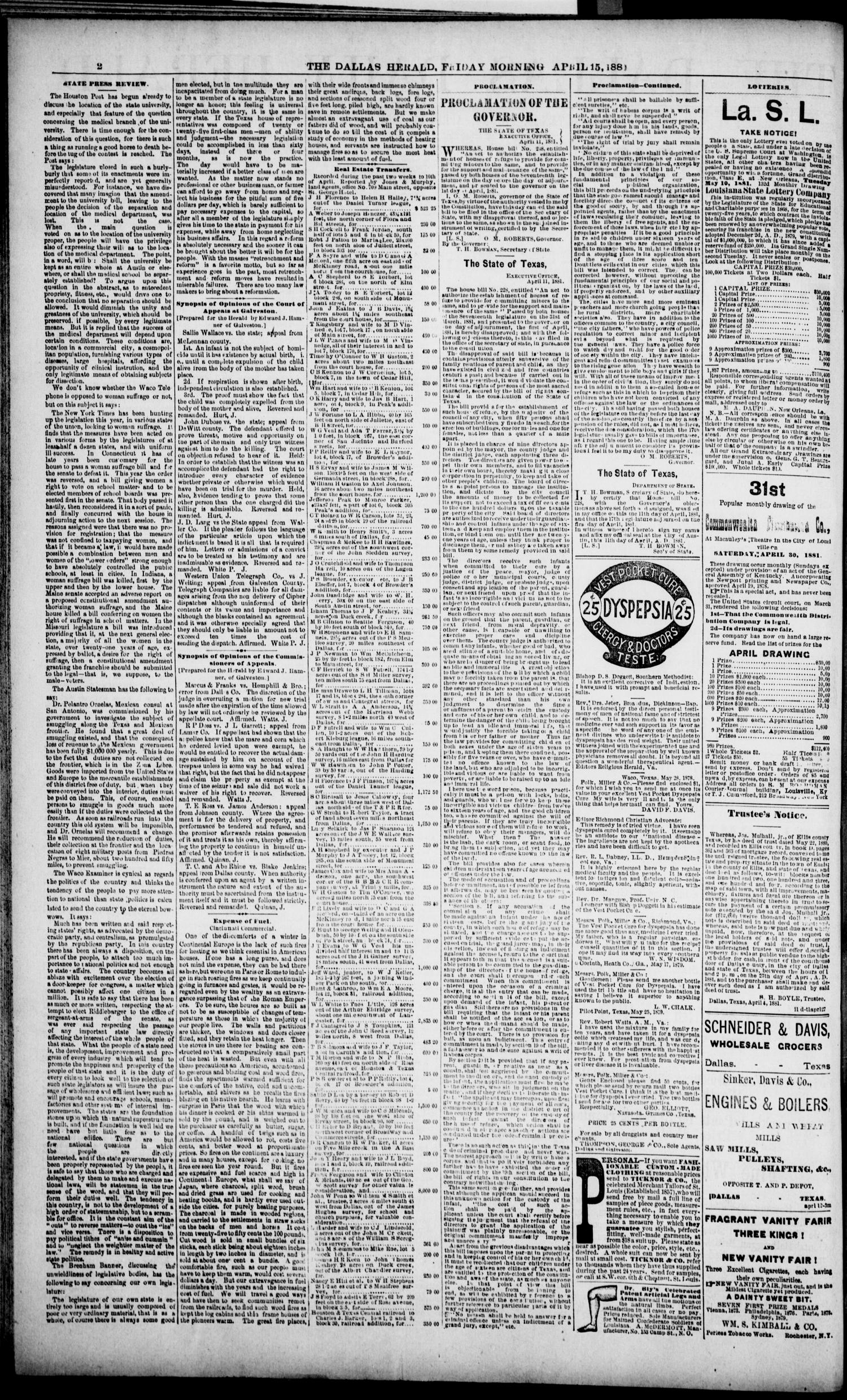 The Dallas Daily Herald. (Dallas, Tex.), Vol. XXIVII, No. 119, Ed. 1 Friday, April 15, 1881
                                                
                                                    [Sequence #]: 2 of 8
                                                