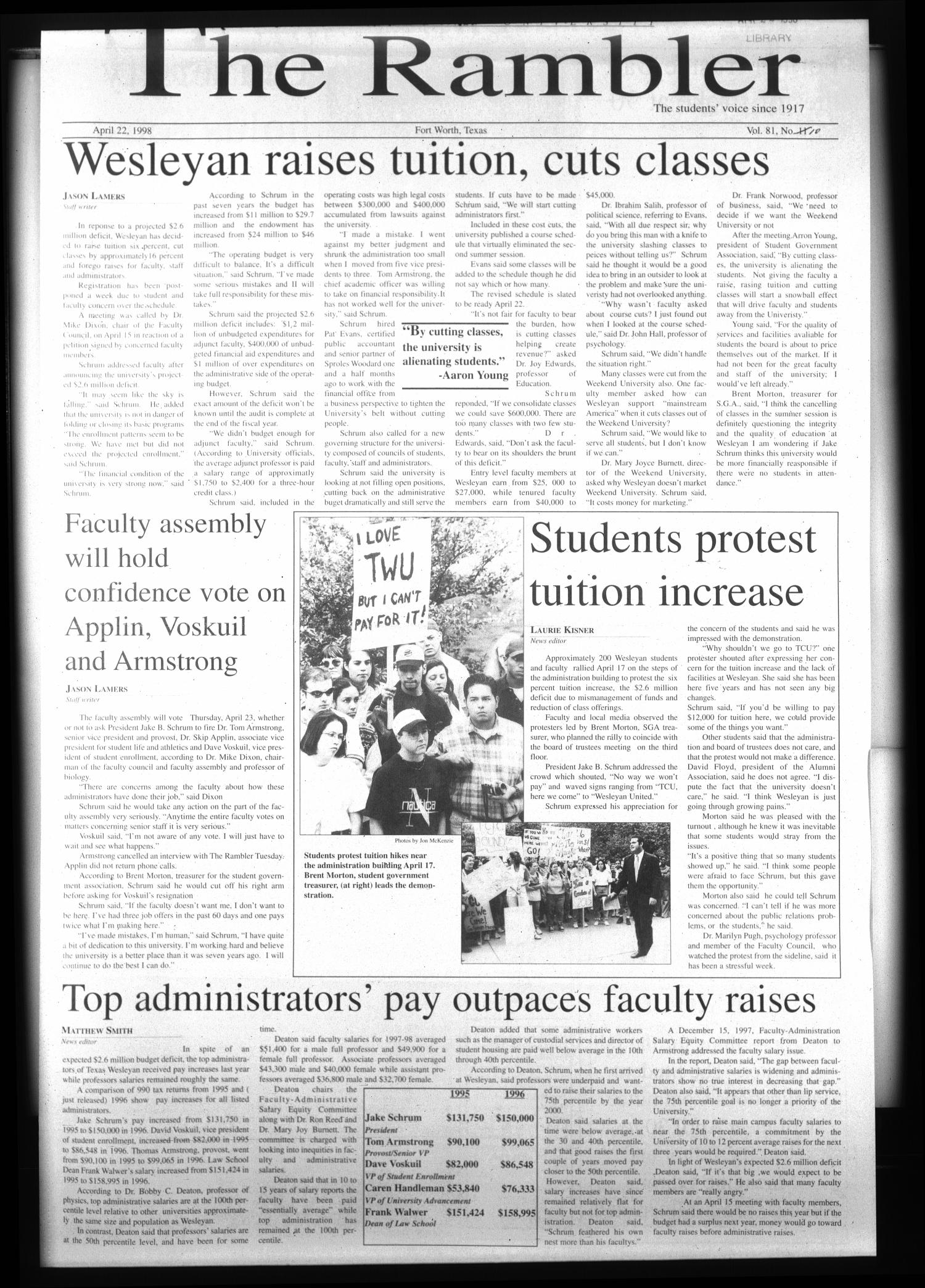 The Rambler (Fort Worth, Tex.), Vol. 81, No. 10, Ed. 1 Wednesday, April 22, 1998
                                                
                                                    [Sequence #]: 1 of 6
                                                