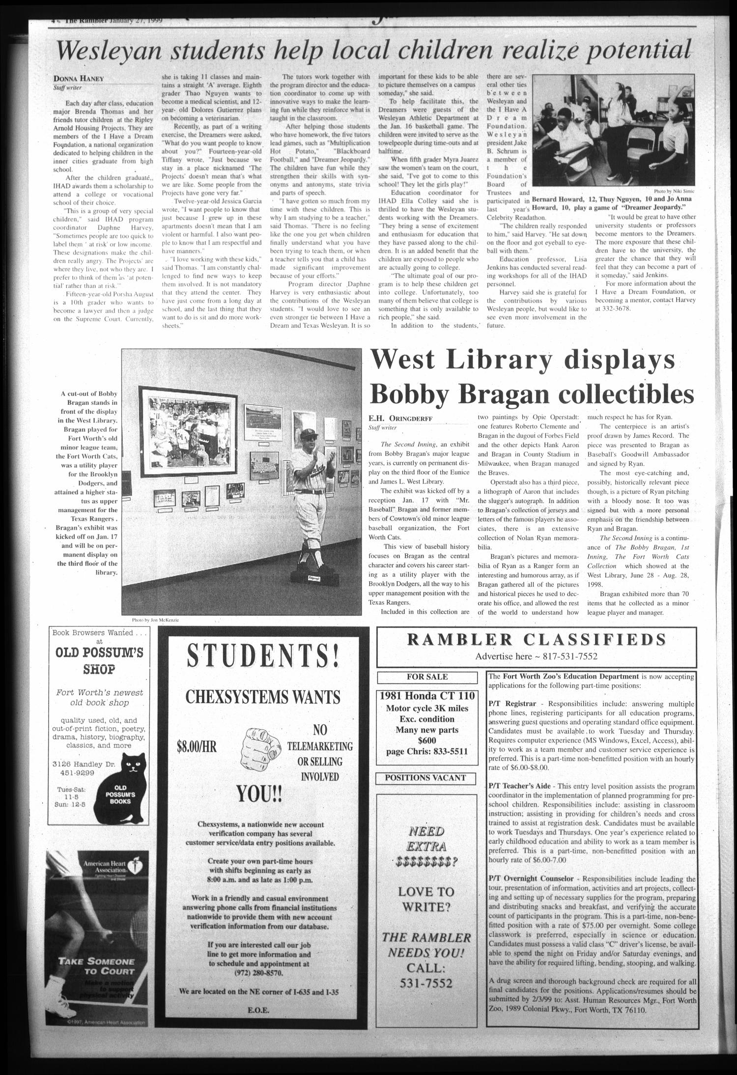 The Rambler (Fort Worth, Tex.), Vol. 82, No. 1, Ed. 1 Wednesday, January 27, 1999
                                                
                                                    [Sequence #]: 4 of 6
                                                
