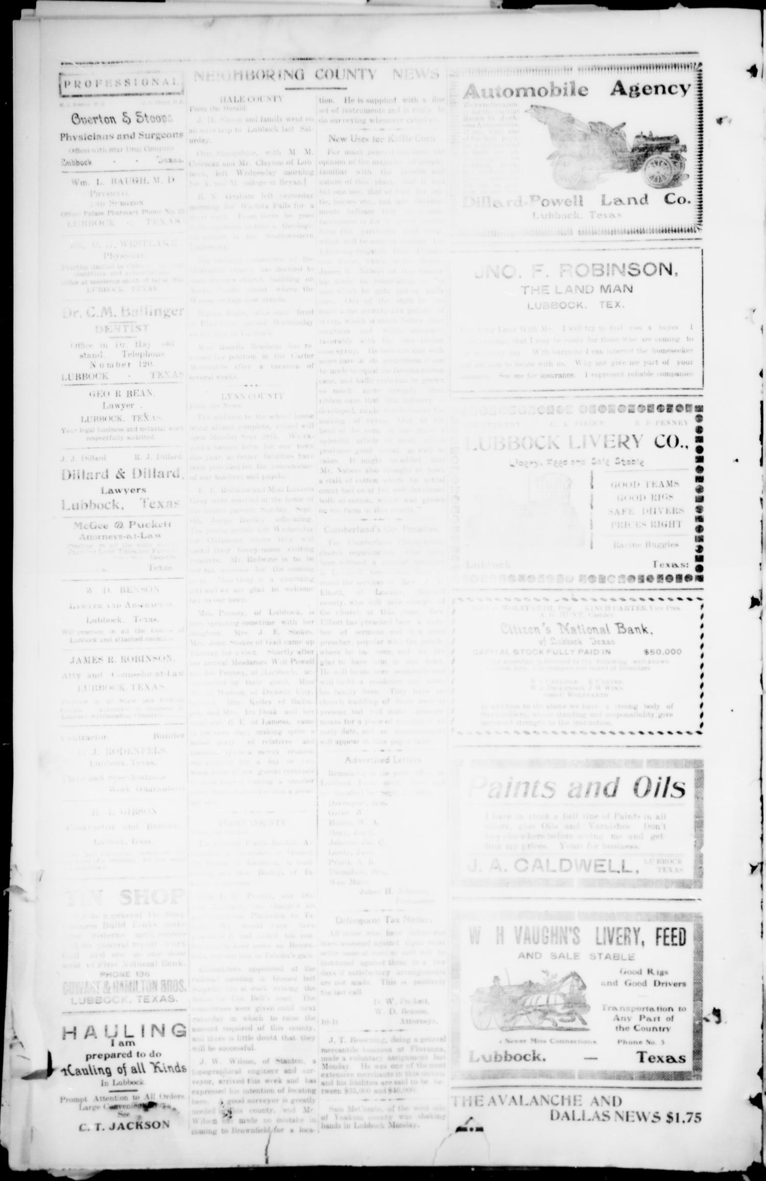 The Avalanche. (Lubbock, Texas), Vol. 9, No. 10, Ed. 1 Friday, September 25, 1908
                                                
                                                    [Sequence #]: 2 of 8
                                                