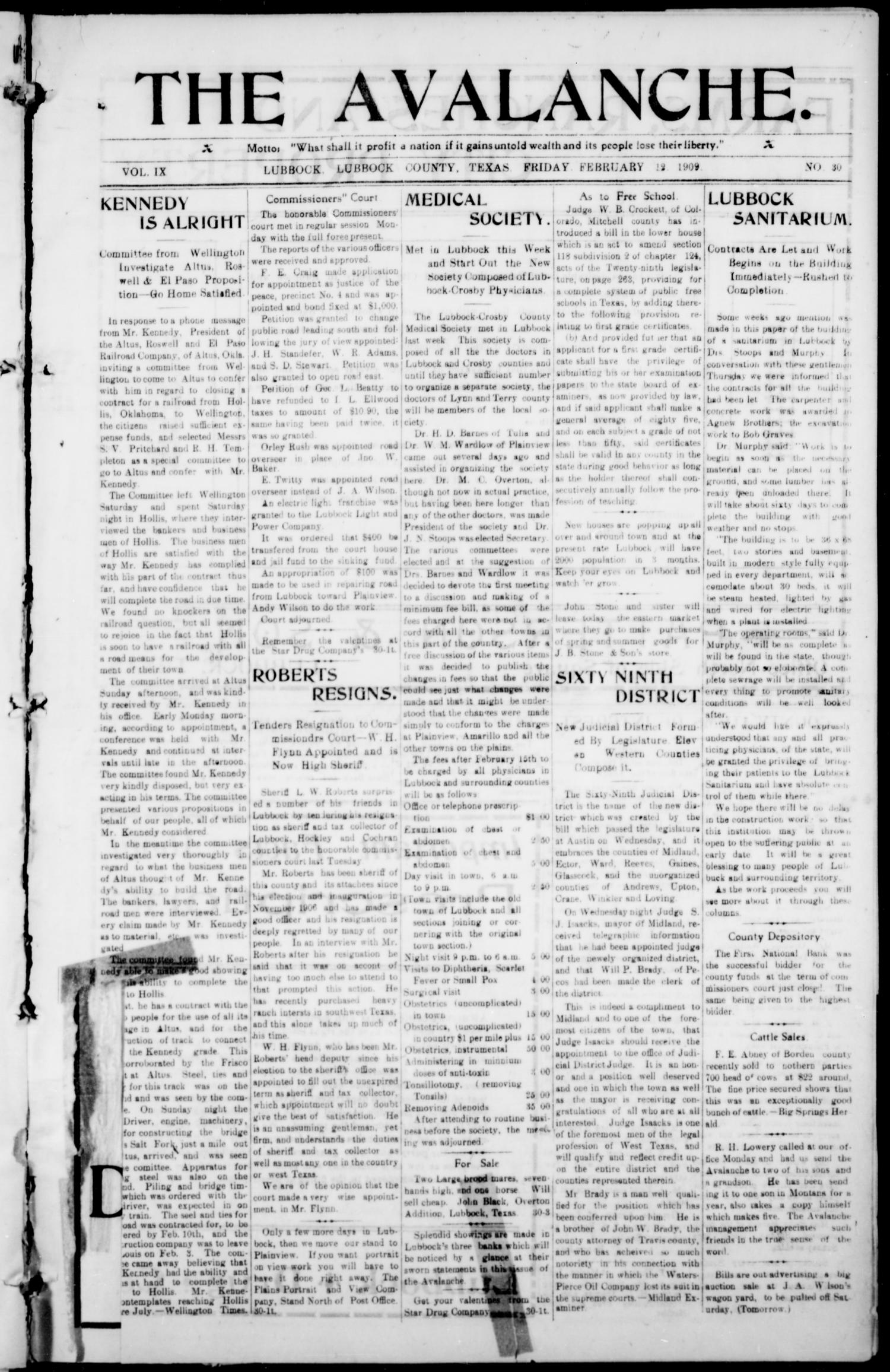 The Avalanche. (Lubbock, Texas), Vol. 9, No. 30, Ed. 1 Friday, February 12, 1909
                                                
                                                    [Sequence #]: 1 of 10
                                                