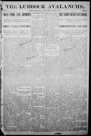 Primary view of object titled 'The Lubbock Avalanche. (Lubbock, Texas), Vol. 12, No. 32, Ed. 1 Thursday, February 15, 1912'.